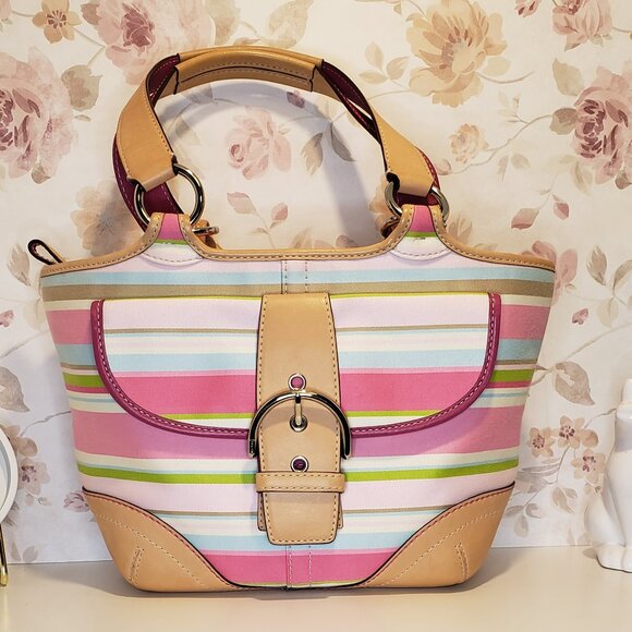 Coach Handbags - Vintage COACH 1889 Hampton Soho Multi-color Striped Canvas & Leather Buckle Tote